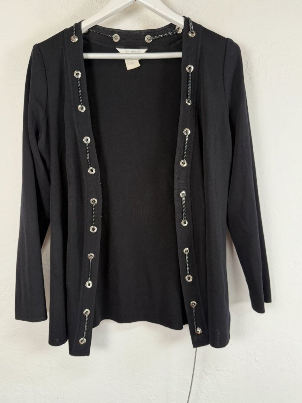 Misook Women’s Black Grommet Chain Trim Knit Cardigan Open Front Jacket Medium